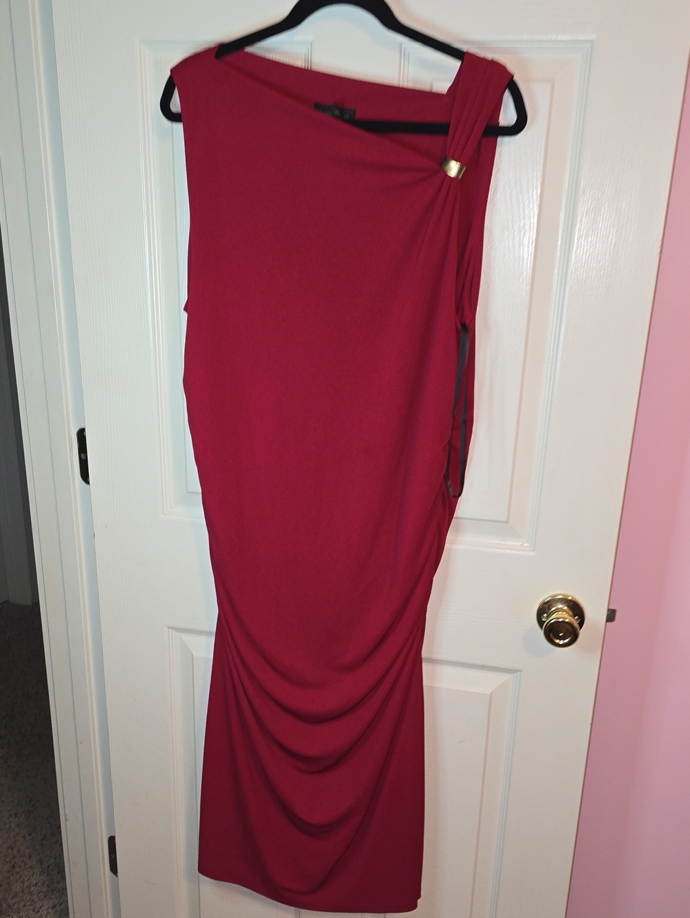 Donna Karan One-Shoulder Dress in Burgundy with Gold Accent